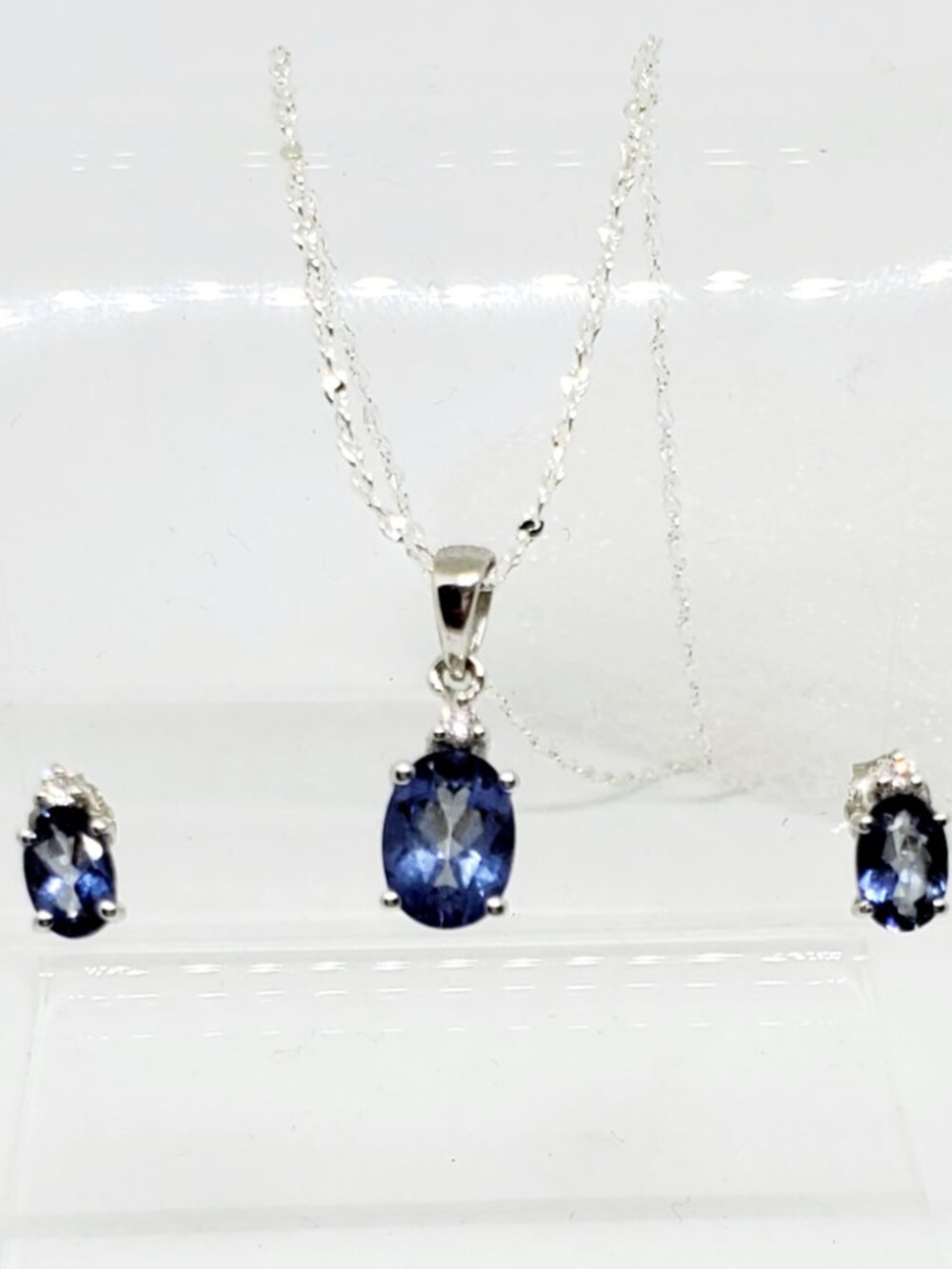 London Blue Topaz Sterling Silver Necklace and Pierced Earrings Diamond Accents